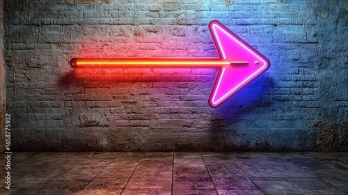 Neon Arrow Sign on Brick Wall: A Glowing Direction