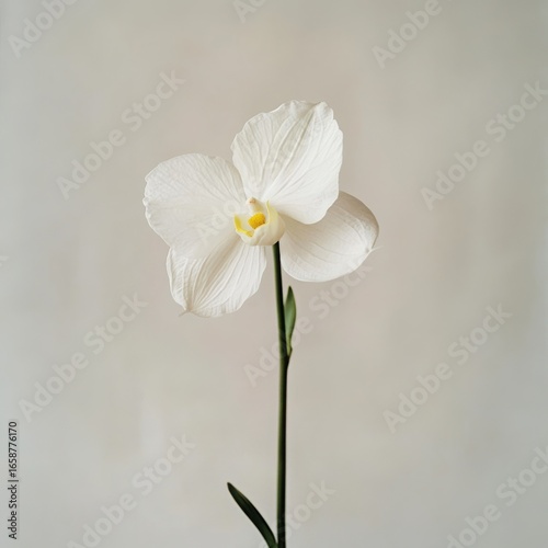 A single delicate white orchid bloom on a plain background
