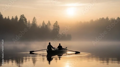 Two people rowing a boat on a serene lake at sunrise, with a misty forest backdrop, creating a peaceful and scenic landscape at golden hour