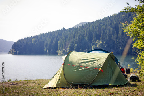 Green camping tent near the lake and pine tree forest. Adventure in wilderness