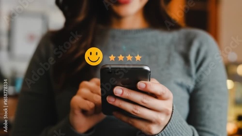 A woman uses her smartphone to leave a positive five-star customer review