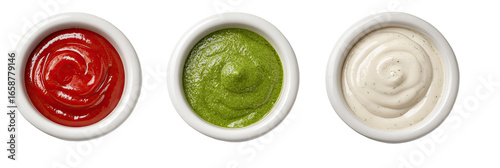 Three small white bowls filled with different sauces (10)