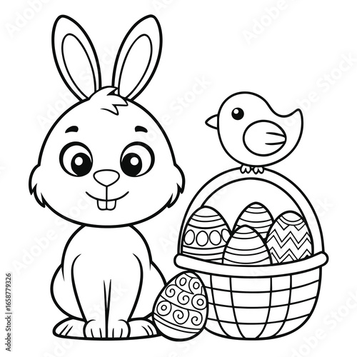 An Easter egg bunny and chick coloring book cartoon black and white outline scene. Perfect for kids, holiday crafts, greeting cards, children’s art, and festive spring decor projects.