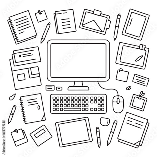 A minimalist line art of an office desk with essential work items like a computer, pens, and notebooks, great for workspace and productivity-related designs.