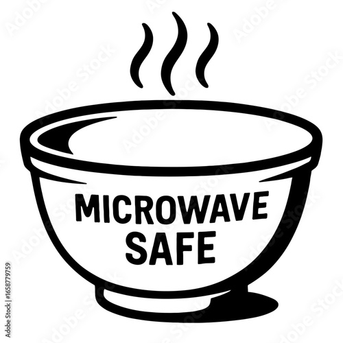 Black and White Microwave Safe Bowl with Steam – Essential Symbol for Food Safety and Kitchen Appliance Compatibility.