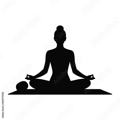 Silhouette of a woman in lotus position meditating peacefully on a mat indoors