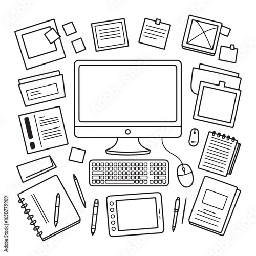 A stylish and organized desk illustration featuring a computer, pens, notebooks, and other office supplies, ideal for office design or productivity-themed projects.