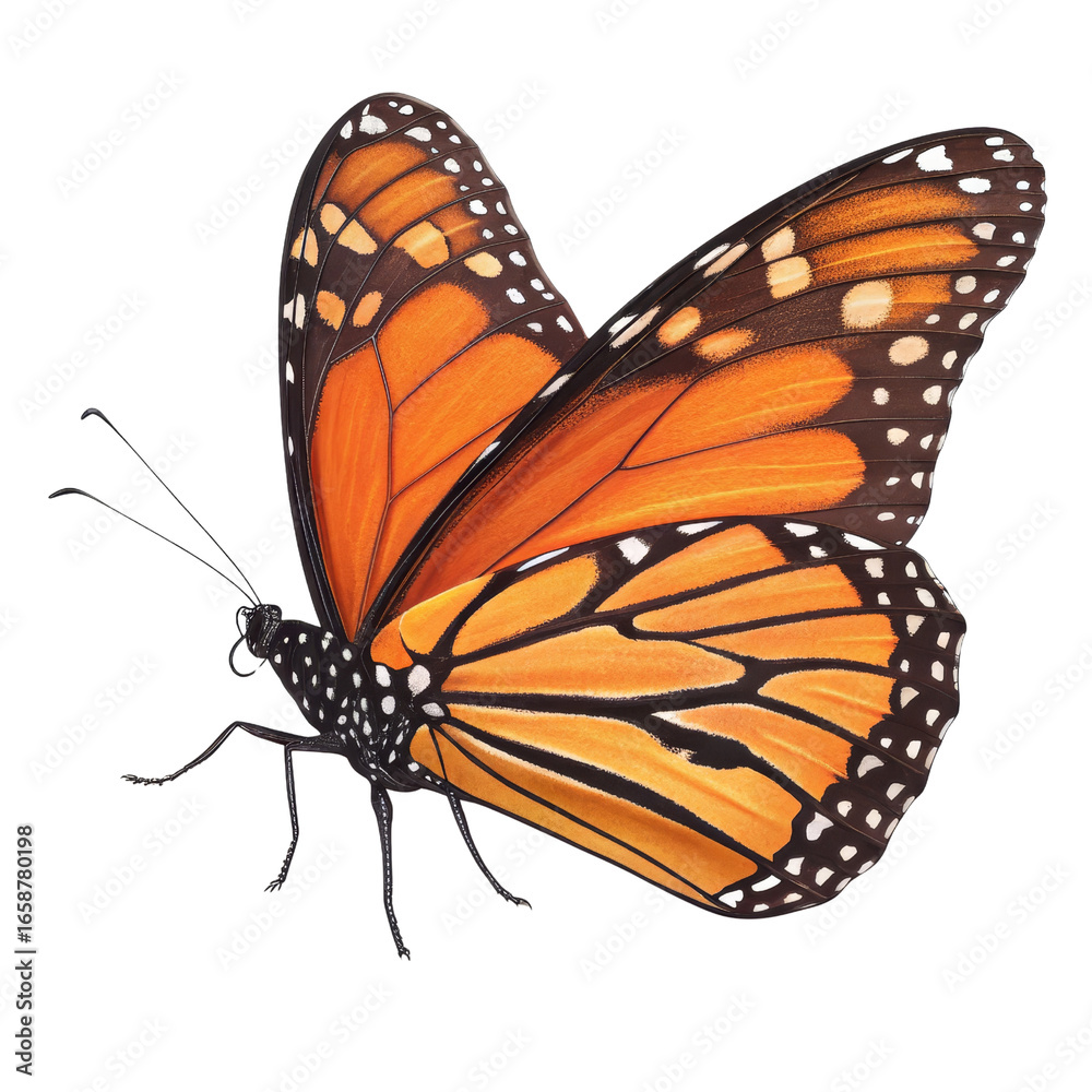 Fototapeta premium Monarch Butterfly in Flight, Isolated on Transparent Background, High-Resolution Image, Insect, Nature, Butterfly, Wings, Lepidoptera