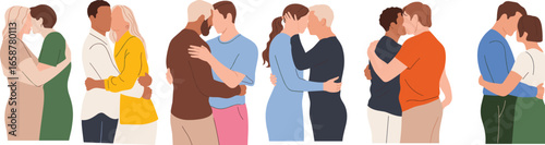 Diverse couples hugging and showing affection, flat vector illustration of romantic relationships