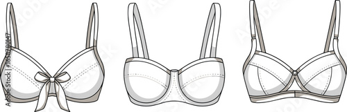 Set of three stylish women bras, front view flat vector illustration, fashion lingerie design for clothing technical sketch, sewing and apparel template