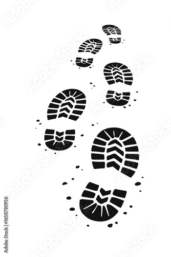 Black and white vector illustration of a trail of boot footprints left behind in snow or mud