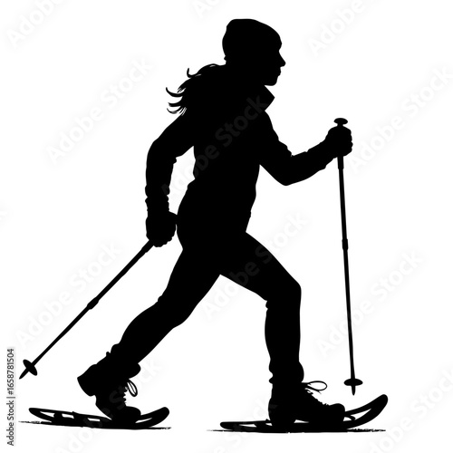 Black silhouette vector illustration of a woman snowshoeing with poles on a winter trail