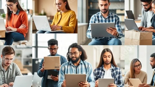 Diverse group of business people working together in a modern office, using laptops and tablets for communication and collaboration on various projects