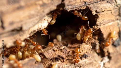 Close-up Footage of a Thriving Ant Colony in a Wooden Log, Carrying Eggs to Their Nest