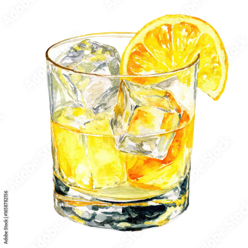 Hand-painted cocktail in a rocks glass,  with ice and lemon slice