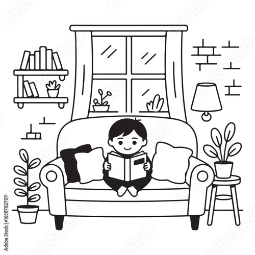 A simple and cozy scene of a child sitting on a sofa reading a book, with home décor and plants in the background, perfect for family and lifestyle illustrations.