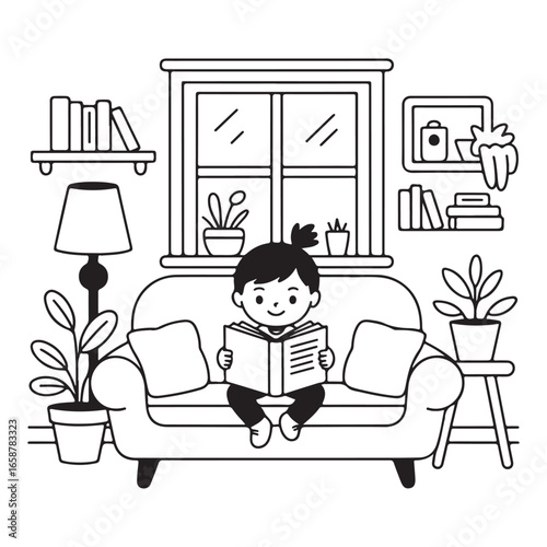 A cute and peaceful illustration of a child enjoying a book in a comfortable living room, ideal for family-themed and cozy home designs.