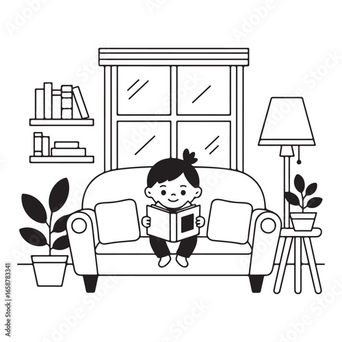 A heartwarming line drawing of a child reading a book on a cozy sofa surrounded by plants and books, perfect for illustrating home life and childhood joy.