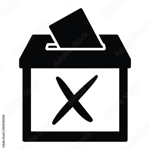 Black ballot box icon with a cross and a paper being inserted, , representing the act of voting in an election or referendum