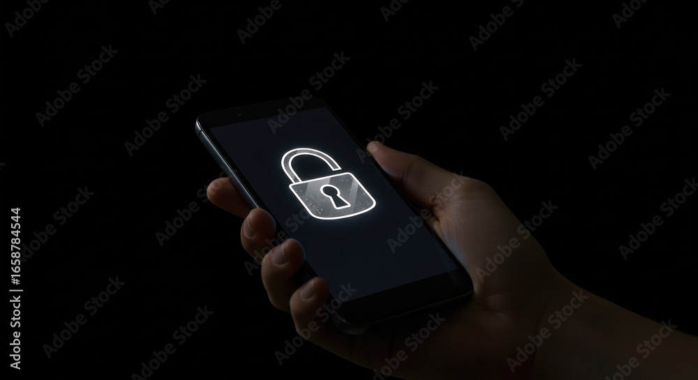 custom made wallpaper toronto digitalHand holding a smartphone displaying a glowing padlock icon against a dark background