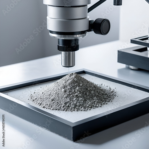 Cement powder sample analysis in lab with microscope. Gray granular concrete material on tray for science research, construction quality control, engineering tests, industrial innovation.