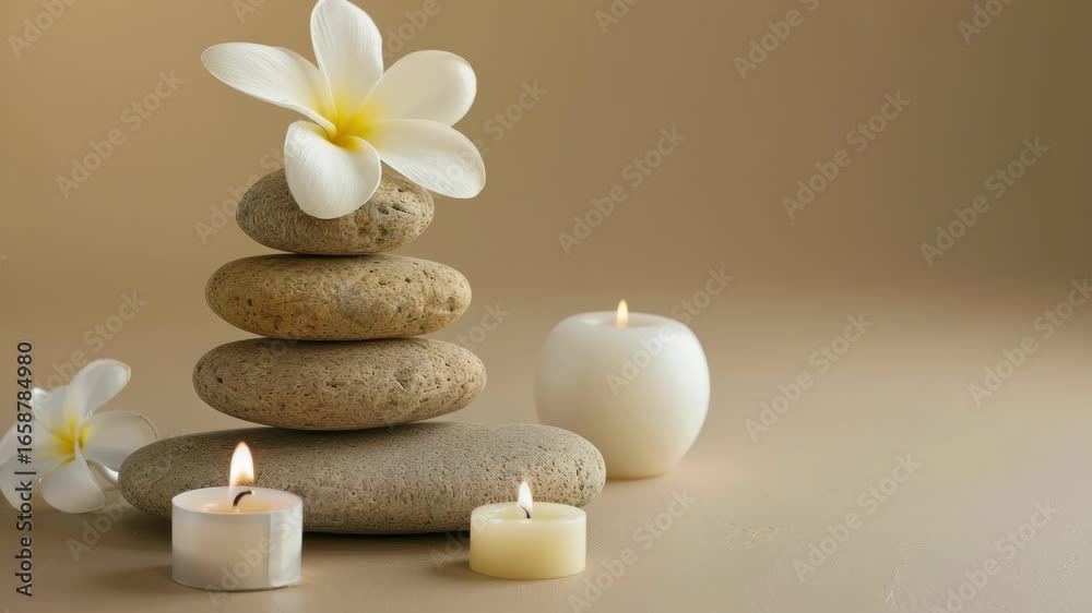 A white flower is on top of a stack of rocks. There are candles on the rocks as well A white flower is on top of a stack of rocks. There are candles on the rocks as well