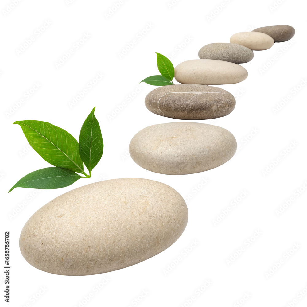 Zen Stones Path Smooth Pebbles and Green Leaves, Isolated on Transparent Background, Spa, Serenity, Nature Zen Stones Path Smooth Pebbles and Green Leaves, Isolated on Transparent Background, Spa, Serenity, Nature