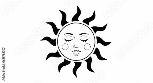 Mystical sun with serene face radiates warmth and bohemian vibes in this evocative design element for posters, apparel, and spiritual branding
