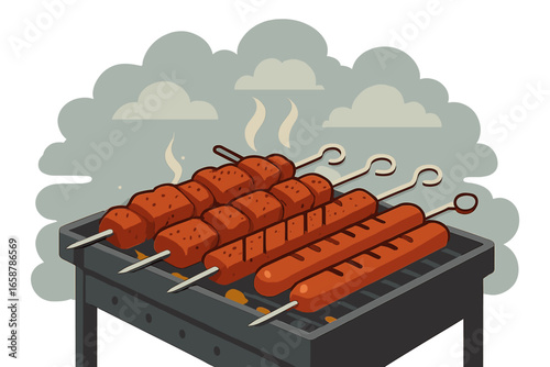 A delicious meal is being prepared on a grill, with three skewers of food covered in sauce set against a black background, creating a warm and inviting scene