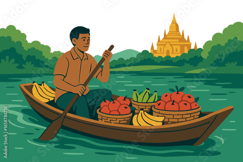 A male trader floats on a boat, selling fruits at a water market in Thailand, where he also buys and sells various goods