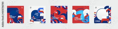 Happy Chile Independence Day. National Day Celebration template set, cover, and greeting cards with flag. Chile Independence Day cover background with creative geometric art