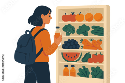 A woman is grocery shopping at a supermarket, selecting vegetables and examining tomatoes in the produce section, which offers organic food, while an Asian lady in casual attire with a backpack shops