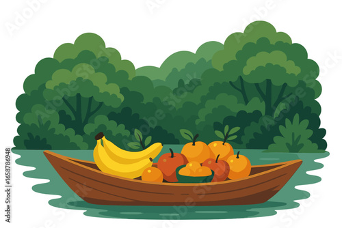 Asian Nature Landscape features Thailand Floating Market with wooden houses on piles standing in the water and showcasing various goods on their terraces