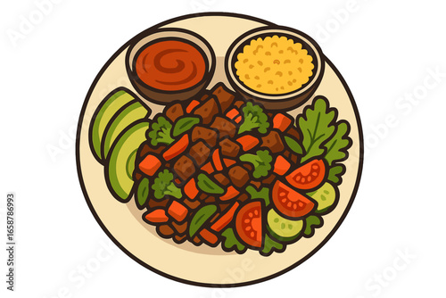 A traditional Asian street food, crispy oyster omelette is served with bean sprout, green onion, and mushrooms on a plate, accompanied by a spicy dipping sauce, offering a delicious and savory treat