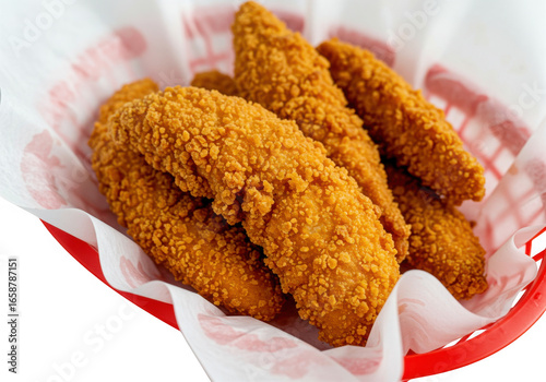 Crispy golden brown chicken tenders served in a red basket with white paper isolated on transparent background