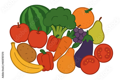 Vector illustration of assorted fruits, suitable for use on market labels, juice packaging, summer prints, agricultural posters, farm invitations, vegetarian store designs, and grocery department