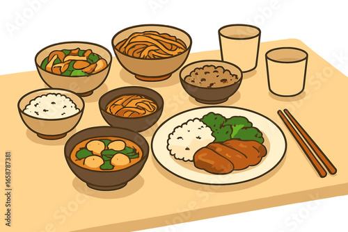Vector illustration of a Chinese restaurant online order design template, featuring cartoon Asian food menu for lunch or dinner delivery, including Chinese fried noodle, duck, and dumplings in an