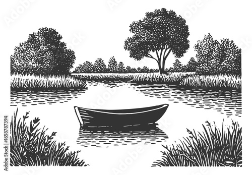 A black and white landscape depicts a boat on the water with trees and reeds in view. Vintage withered style woodcut engrving style vector illustration.