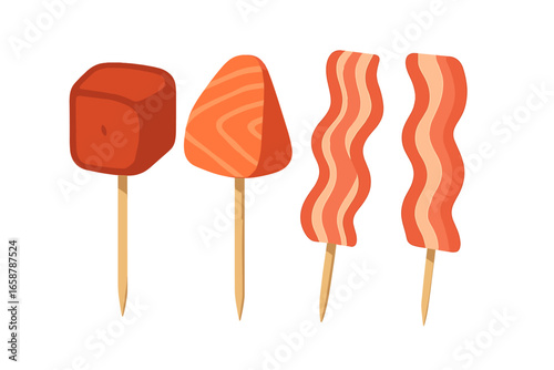 Cartoon vector illustration of assorted BBQ skewers featuring salmon, shrimp, squid, crab sticks, and sausages, isolated for use in Asian street food, grilled food, or spicy food graphics