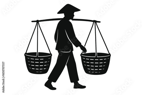 Vector sketch of a woman with a yoke on her shoulder, created as a hand drawn illustration