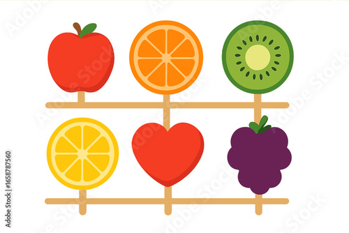 Traditional Chinese street food dessert featuring colorful candied fruit skewers with sugar glaze, including hawthorn and berries, in a Tanghulu vector illustration set as a sweet snack