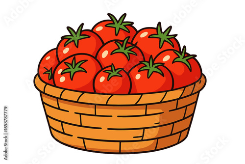 Red tomatoes and fresh fruit are arranged in a beautiful Rattan basket