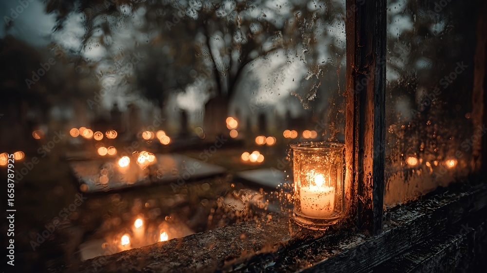 Naklejka premium Atmospheric illustration of glowing candles in glass jars placed on a wet window sill with blurred view of graves in the background. A symbolic All Saints Day themed composition representing remembran