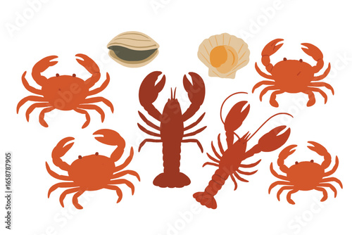 Cartoon mediterranean diet food, delicious ocean seafood flat vector illustration set including raw crab, octopus, oysters and mussels, sea food