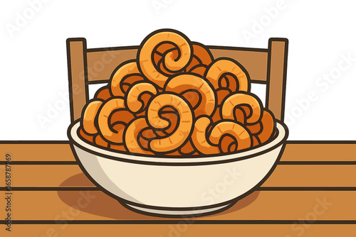 A cartoon vector illustration of crispy pork rinds in a white bowl, ideal for promoting snacks, Asian street food, or savory food designs, set against a light background