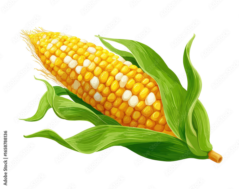Obraz premium Vibrant illustration of a corn cob nestled in its green leaves