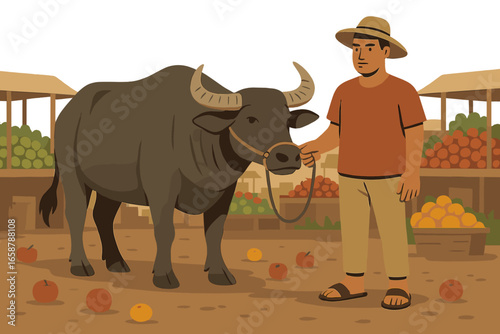 A traditional Southeast Asian market scene features a farmer accompanied by a carabao