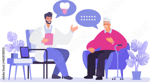 Dentistry visual concept vector flat cartoon illustration. Sad elderly man talking with dentist regarding to dental implant.