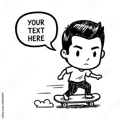Cartoon Boy Riding Skateboard Sketch with Round Speech Bubble