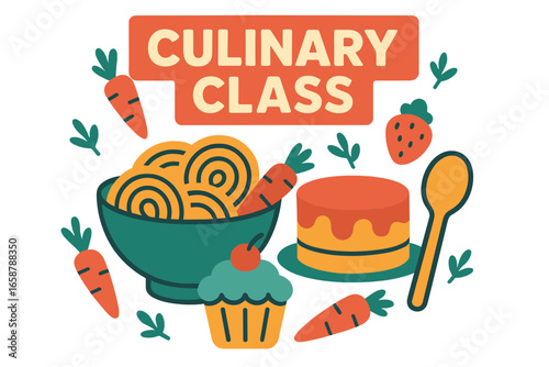 Create a colorful poster for a California-based Asian street food cooking class that highlights a variety of dishes and captures the lively ambiance of a street food market